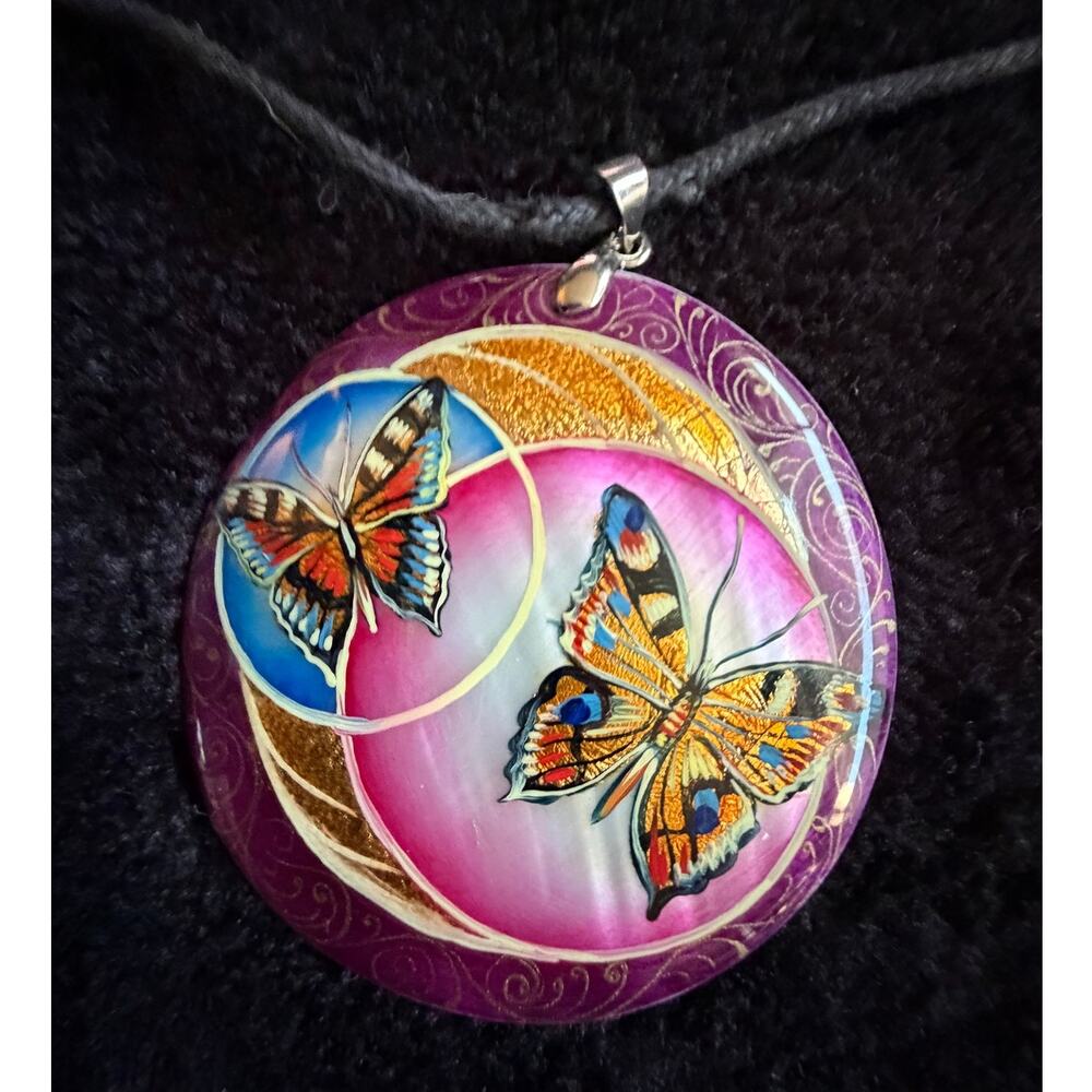 Russian Hand-Painted Mother of Pearl Butterfly Necklace